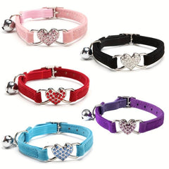 Adjustable Rhinestone Heart Cat Collar with Bell
