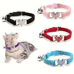 Adjustable Rhinestone Heart Cat Collar with Bell