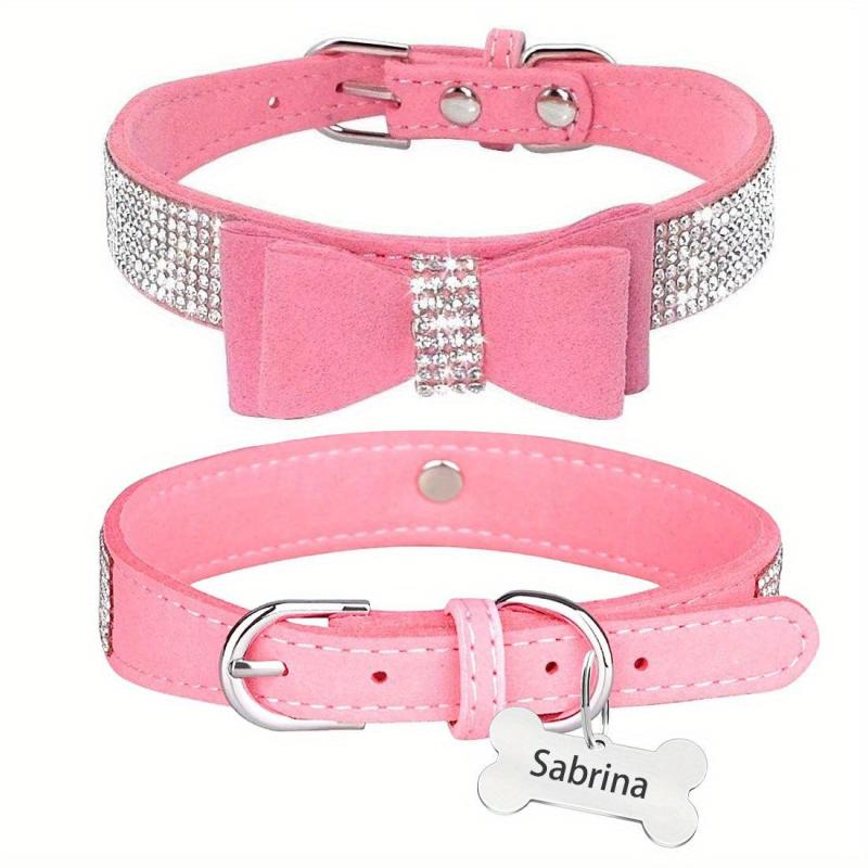 Personalized Rhinestone Dog Collar w/ Engraved Nameplate & Bowtie