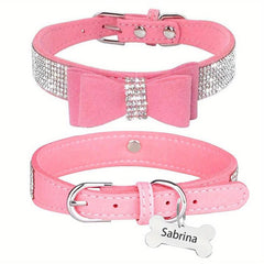 Personalized Rhinestone Dog Collar w/ Engraved Nameplate & Bowtie