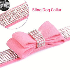 Personalized Rhinestone Dog Collar w/ Engraved Nameplate & Bowtie