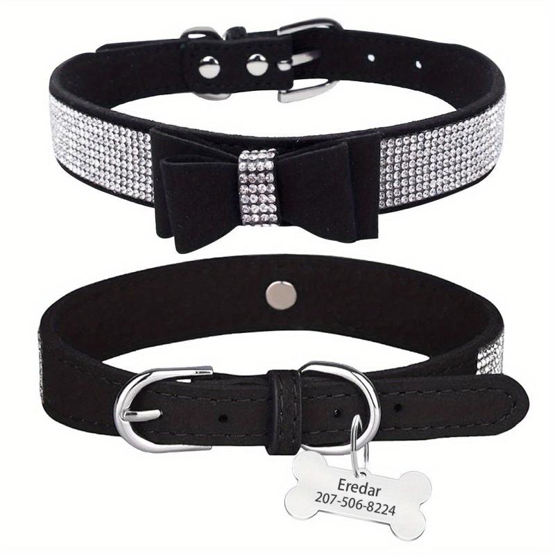 Personalized Rhinestone Dog Collar w/ Engraved Nameplate & Bowtie