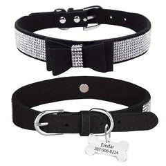 Personalized Rhinestone Dog Collar w/ Engraved Nameplate & Bowtie