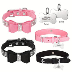 Personalized Rhinestone Dog Collar w/ Engraved Nameplate & Bowtie
