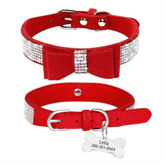Personalized Rhinestone Dog Collar w/ Engraved Nameplate & Bowtie