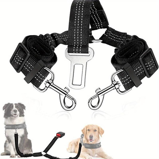 Double Dog Seatbelt w/ Elastic Bungee Buffer - Keep Pup Safe on Road