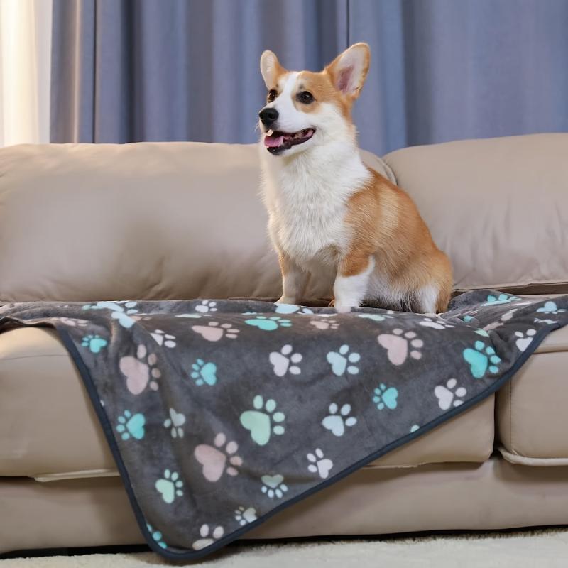 Soft Grey Paw Print Fleece Pet Blanket for Dogs