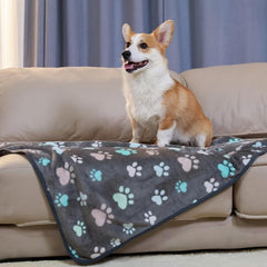 Soft Grey Paw Print Fleece Pet Blanket for Dogs