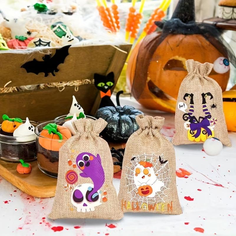 2pcs Halloween Pet Linen Drawstring Snack Bags Dog Treat Bag Pumpkin Bags