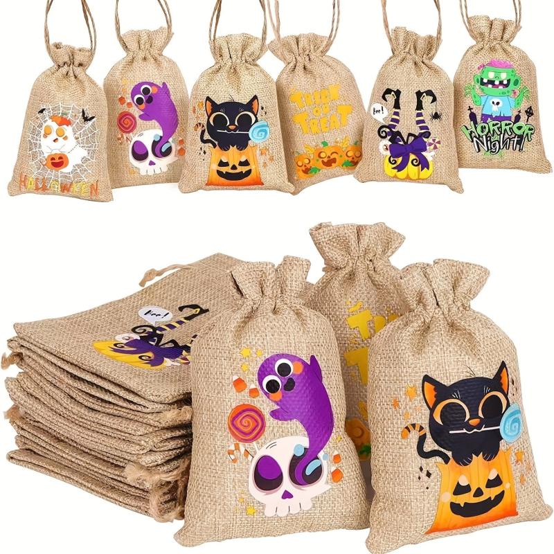 2pcs Halloween Pet Linen Drawstring Snack Bags Dog Treat Bag Pumpkin Bags