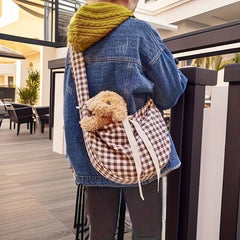 Plaid Print Pet Carrier Bag Cat Dog Crossbody Bag