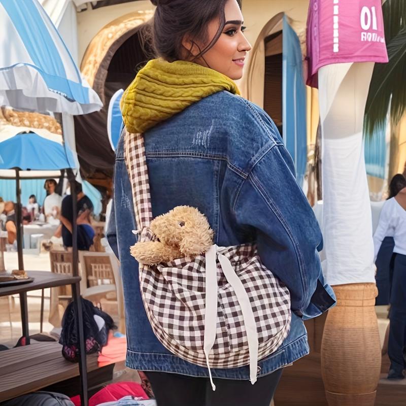 Plaid Print Pet Carrier Bag Cat Dog Crossbody Bag