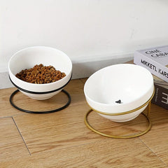 Elevated Ceramic Cat Feeding Bowl with Iron Stand