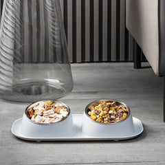 Stainless Steel Double Pet Bowls - Food & Water Set for Dog or Cat