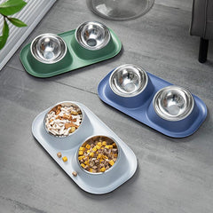 Stainless Steel Double Pet Bowls - Food & Water Set for Dog or Cat