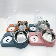2 In 1 Cat Double Bowls Elevated Stainless Steel Cat Inclined Food Bowl