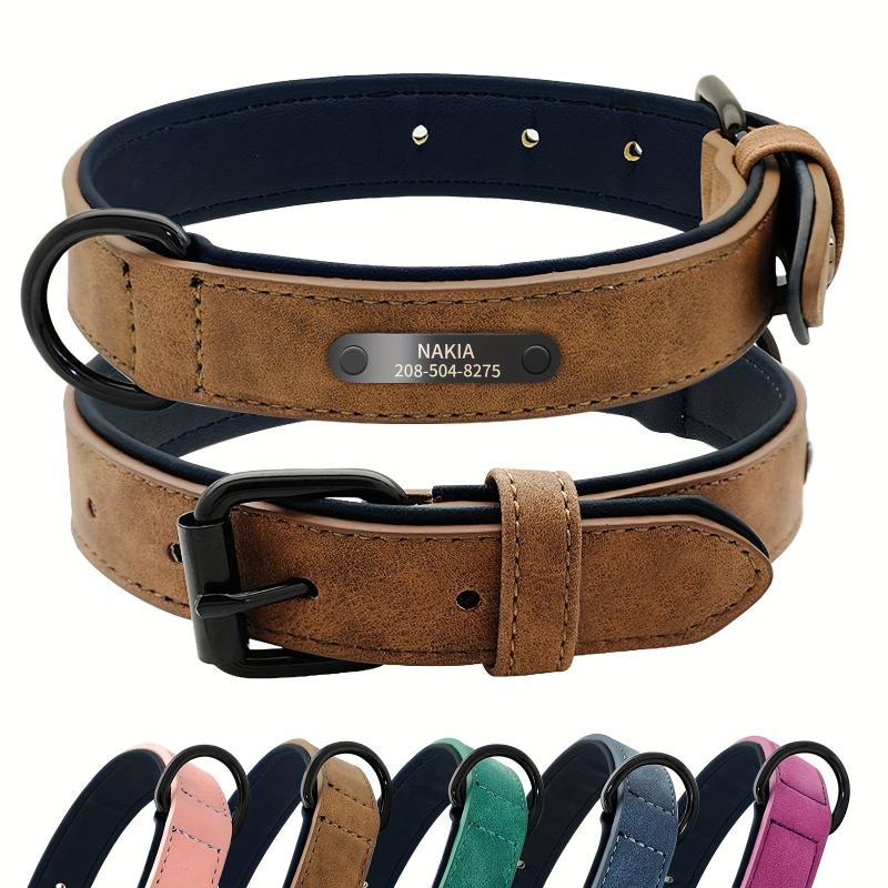 Custom Leather Dog Collar with Engraved Name Plate for Small Medium Large Dog