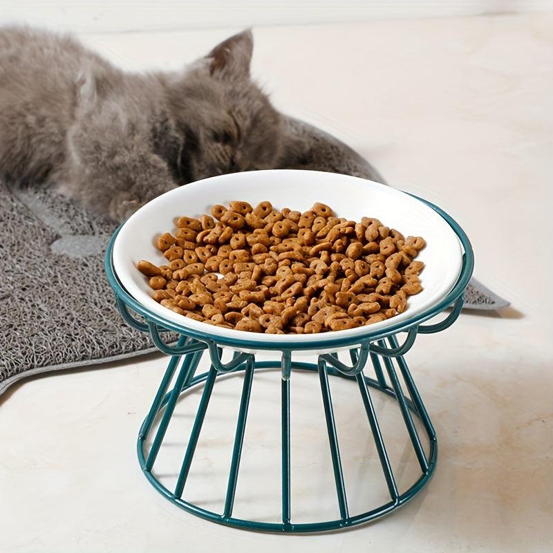 Ceramic Cat Dish Bowl Elevated Feeder with Iron Stand