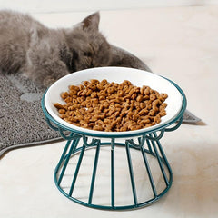 Ceramic Cat Dish Bowl Elevated Feeder with Iron Stand