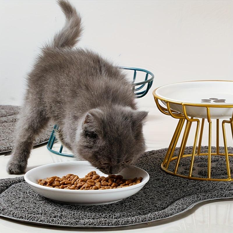 Ceramic Cat Dish Bowl Elevated Feeder with Iron Stand