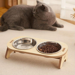Elevated Cat Food Bowl on Wooden Stand Stainless Steel Basin