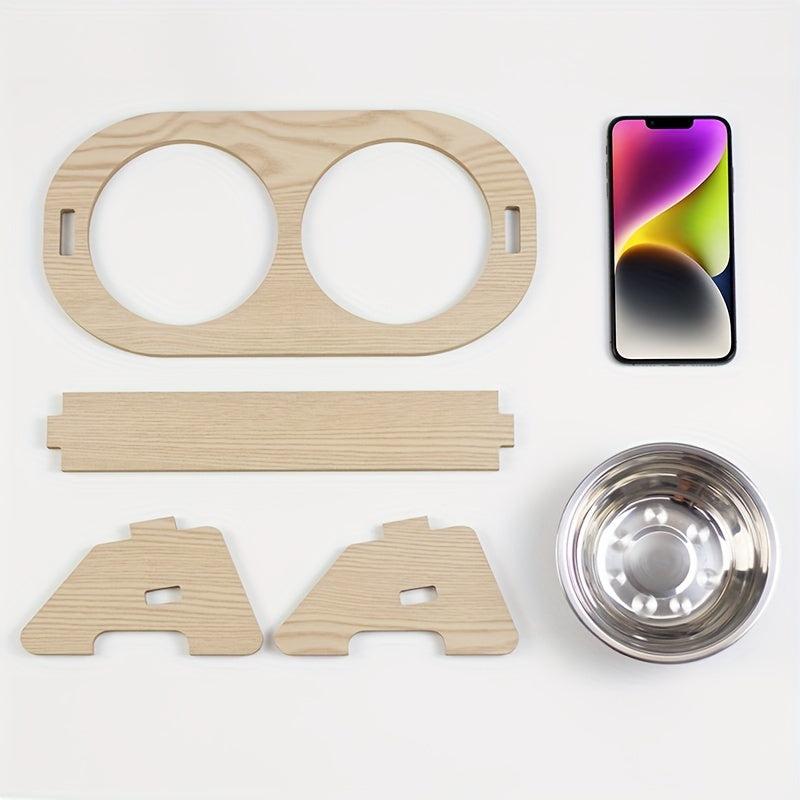 Elevated Cat Food Bowl on Wooden Stand Stainless Steel Basin