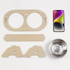 Elevated Cat Food Bowl on Wooden Stand Stainless Steel Basin