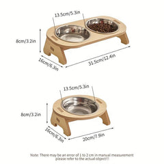 Elevated Cat Food Bowl on Wooden Stand Stainless Steel Basin