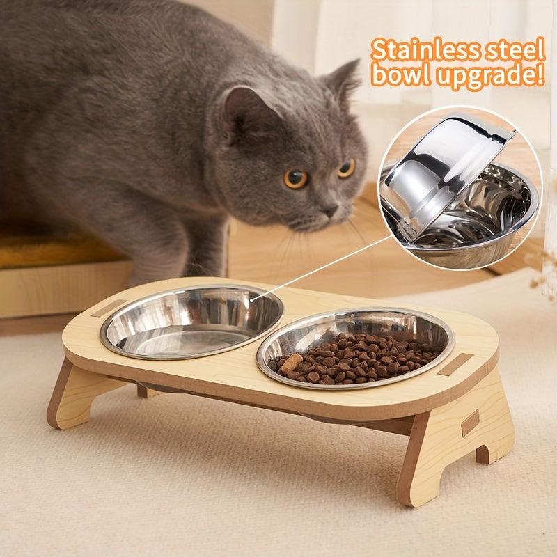 Elevated Cat Food Bowl on Wooden Stand Stainless Steel Basin