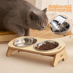 Elevated Cat Food Bowl on Wooden Stand Stainless Steel Basin