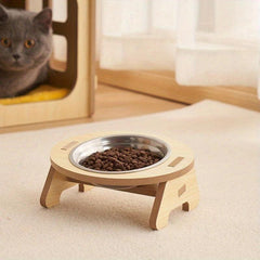 Elevated Cat Food Bowl on Wooden Stand Stainless Steel Basin