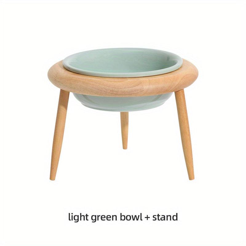 Adjustable Elevated Ceramic Pet Bowl with Wooden Stand