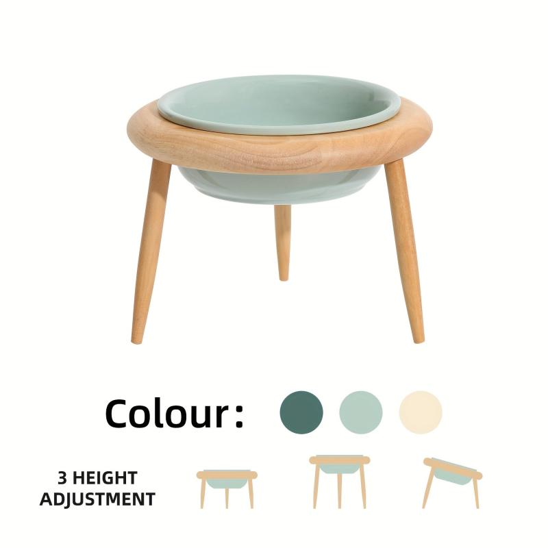 Adjustable Elevated Ceramic Pet Bowl with Wooden Stand