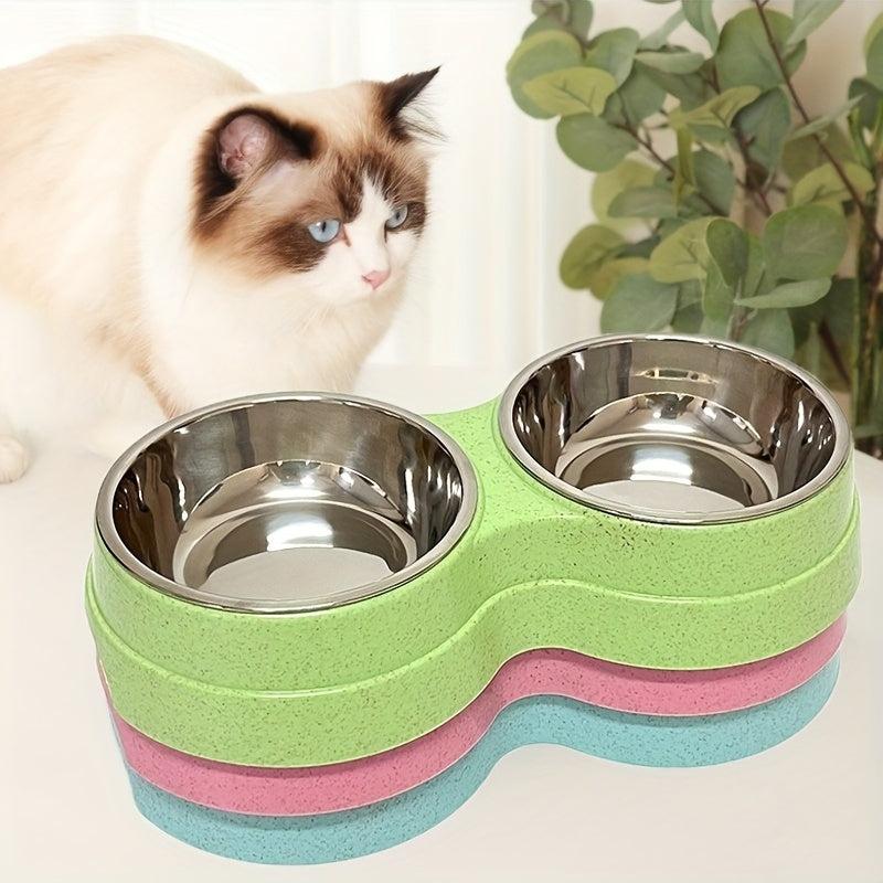 2-in-1 Double Pet Bowls Cat Food and Water Feeder with Stainless Steel Bowls