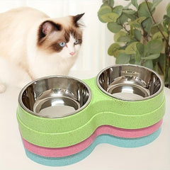2-in-1 Double Pet Bowls Cat Food and Water Feeder with Stainless Steel Bowls