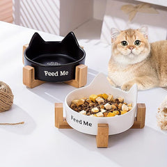 Ceramic Cat Food & Water Bowl with Wooden Stand