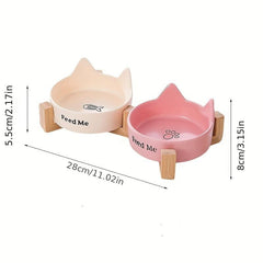 Ceramic Cat Food & Water Bowl with Wooden Stand
