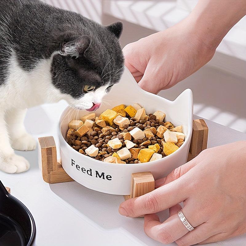 Ceramic Cat Food & Water Bowl with Wooden Stand