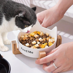 Ceramic Cat Food & Water Bowl with Wooden Stand