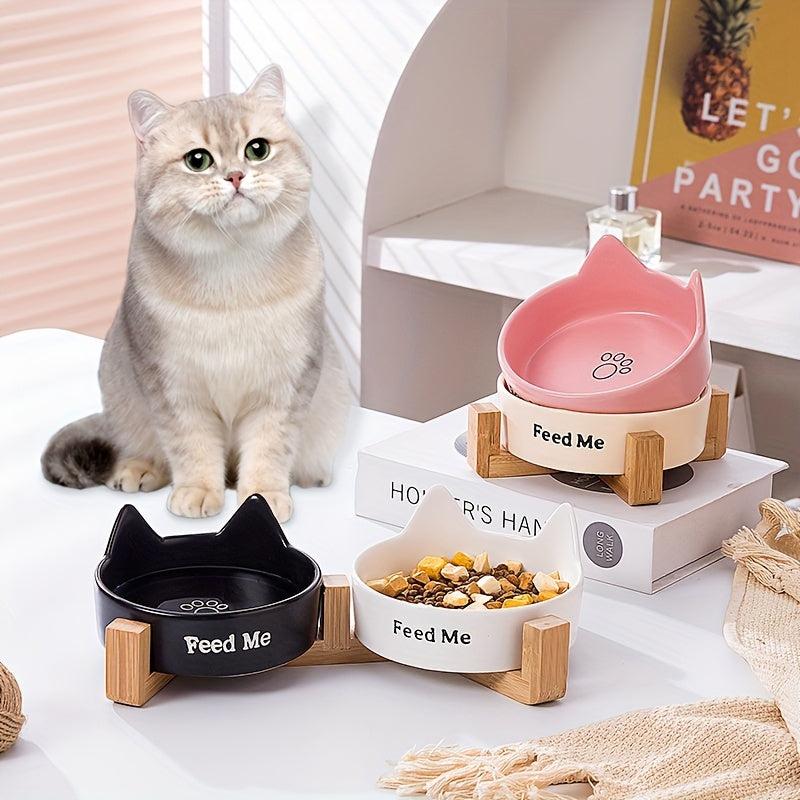 Ceramic Cat Food & Water Bowl with Wooden Stand