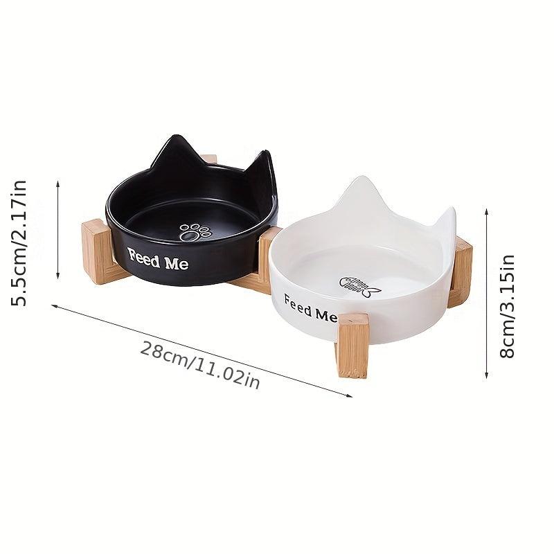 Ceramic Cat Food & Water Bowl with Wooden Stand