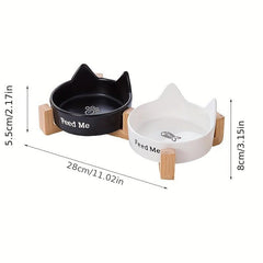 Ceramic Cat Food & Water Bowl with Wooden Stand