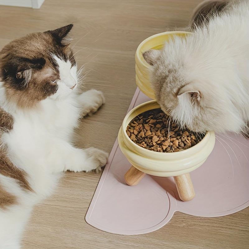 Ceramic Cat Bowl on Wooden Stand - Promotes Healthy Digestion
