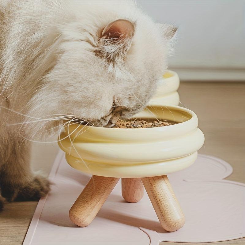 Ceramic Cat Bowl on Wooden Stand - Promotes Healthy Digestion