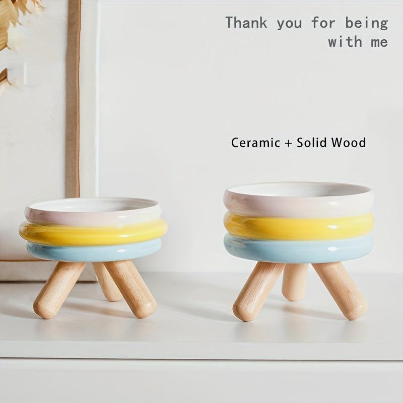 Ceramic Cat Bowl on Wooden Stand - Promotes Healthy Digestion