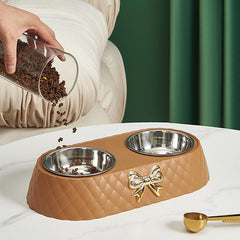 Stainless Steel Double Bowl for Pets with Bowknot Carving