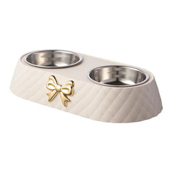Stainless Steel Double Bowl for Pets with Bowknot Carving