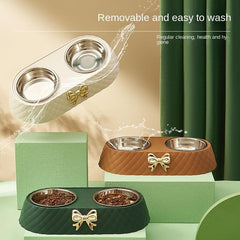 Stainless Steel Double Bowl for Pets with Bowknot Carving