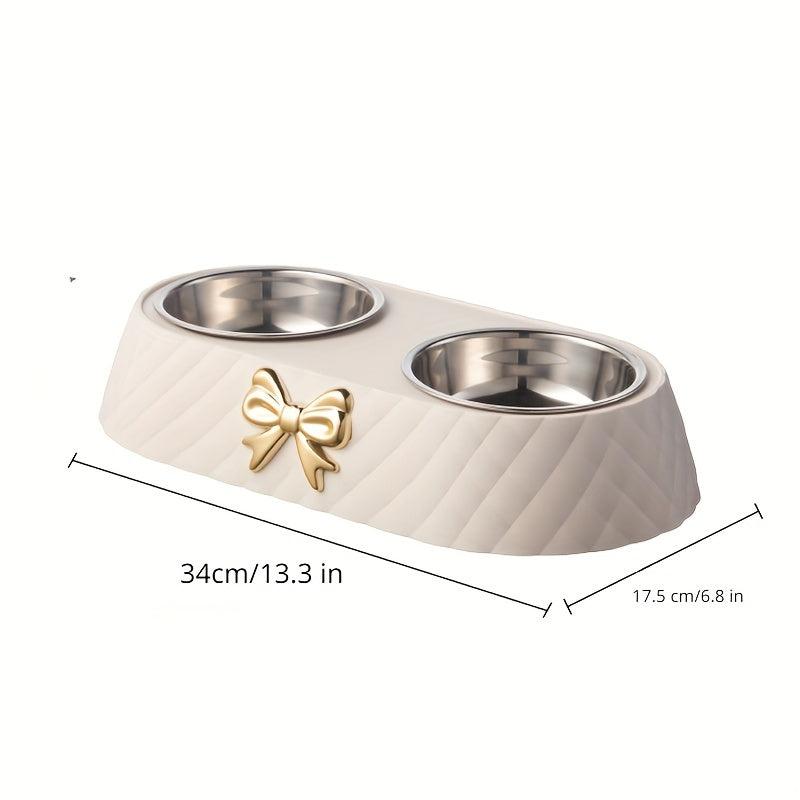 Stainless Steel Double Bowl for Pets with Bowknot Carving