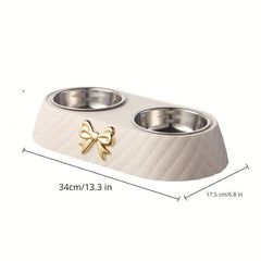 Stainless Steel Double Bowl for Pets with Bowknot Carving